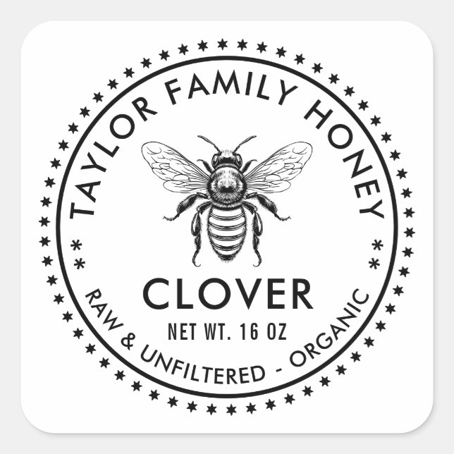 Clover honey label with custom colour honey bee (Front)