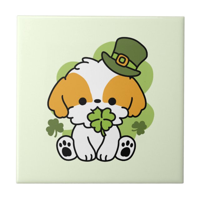 Clover Pup Love – St. Patrick's Day Dog Design Ceramic Tile (Front)
