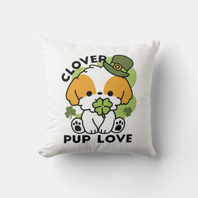 Clover Pup Love – St. Patrick's Day Dog Design Cushion (Front)