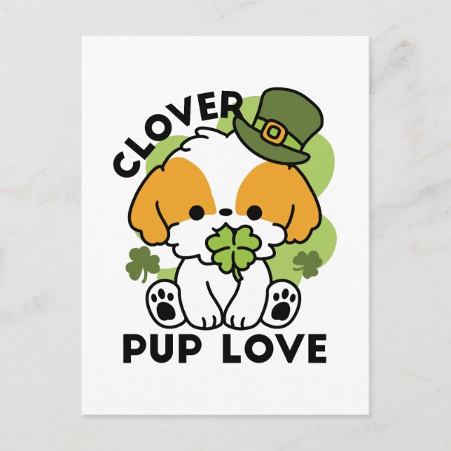 Clover Pup Love – St. Patrick's Day Dog Design Postcard (Front)