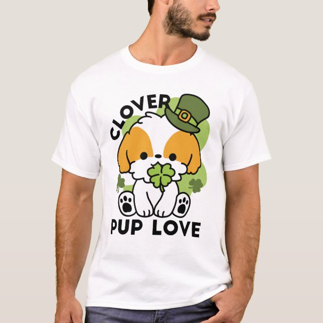Clover Pup Love – St. Patrick's Day Dog Design T-Shirt (Front)