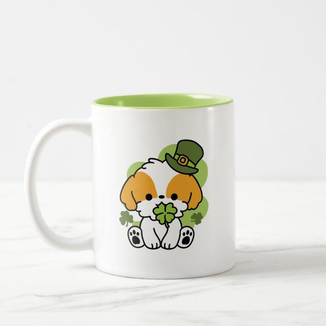 Clover Pup Love – St. Patrick's Day Dog Design Two-Tone Coffee Mug (Left)
