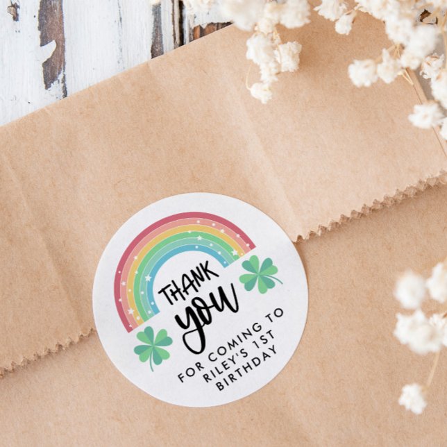 Clover & Rainbow Lucky One 1st Birthday Thank You Classic Round Sticker (Creator Uploaded)