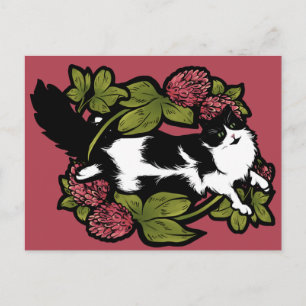 Clover Tuxedo Cat Floral Cats Postcard