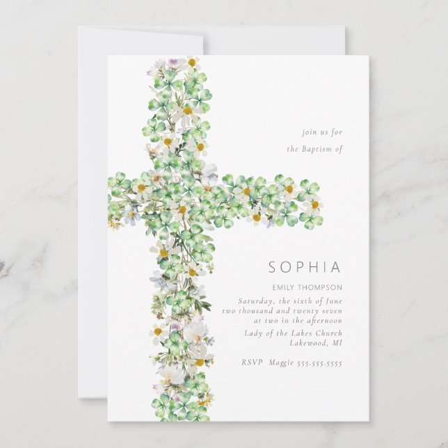 Clover wildflower cross the Baptism Christening Invitation (Front)