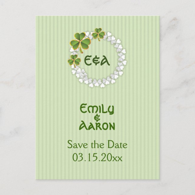 Clover wreath & initials wedding Save the Date Announcement Postcard (Front)