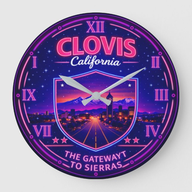 Clovis California Sierra Gateway Mountain Neon Large Clock (Front)
