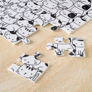Clowder of Cats - Cute Pattern in Black White Jigsaw Puzzle
