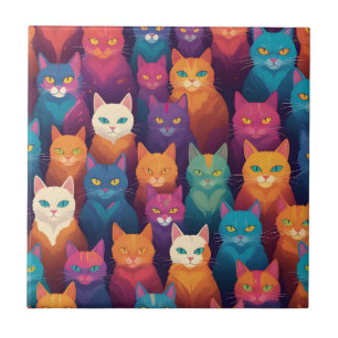 Clowder of colorful cats ceramic tile