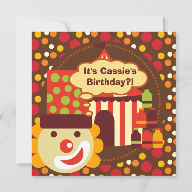 Clown and Polka Dots Circus Birthday Invites (Front)