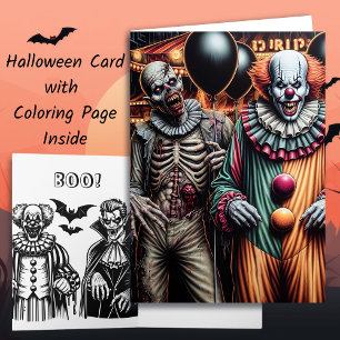 Clown and Zombie Halloween Colouring Page Card