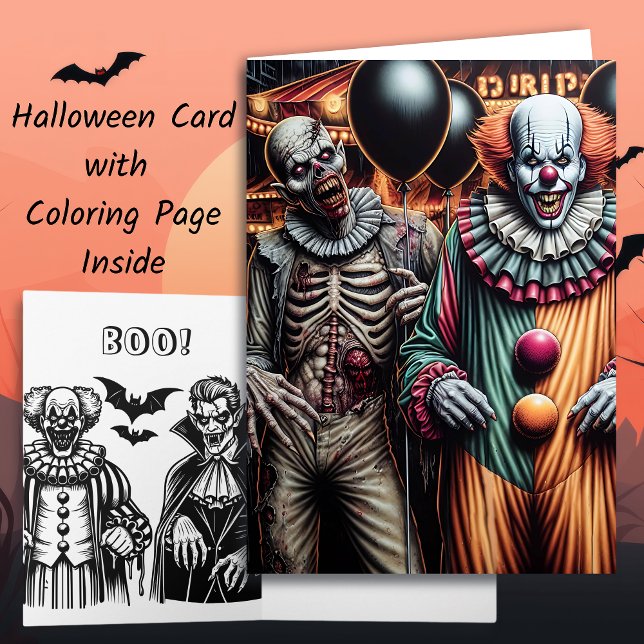 Clown and Zombie Halloween Colouring Page Card (Creator Uploaded)
