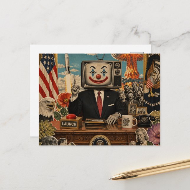 Clown at the Desk Surreal Collage Postcard (Front/Back In Situ)