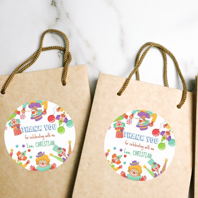 Clown circus birthday party personalised name classic round sticker (Creator Uploaded)