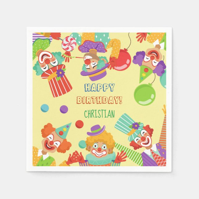 Clown circus birthday party personalised name napkin (Front)