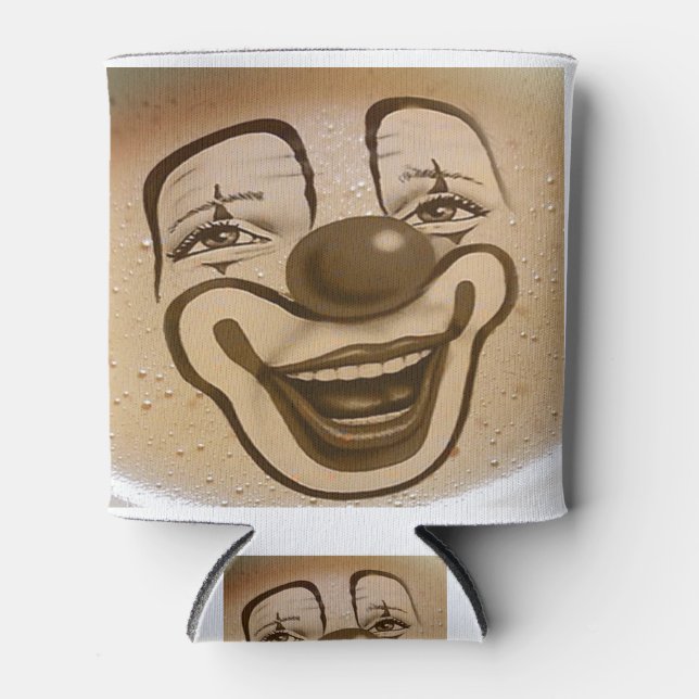 clown face in coffee foam can cooler (Front)