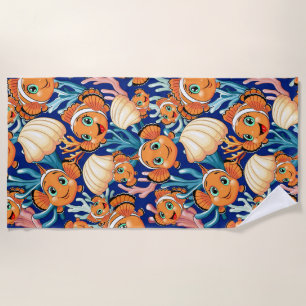 Clown fish Cartoon cute Family Underwater Beach Towel