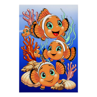 Clown fish Cartoon cute Family Underwater Poster