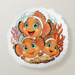 Clown fish Cartoon cute Family Underwater Round Cushion