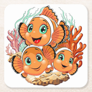 Clown fish Cartoon cute Family Underwater Square Paper Coaster