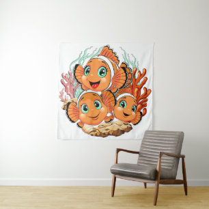 Clown fish Cartoon cute Family Underwater Tapestry