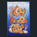 Clown fish Cartoon cute Family Underwater Tea Towel<br><div class="desc">Cute and Joyful little Clownfish Cartoon Characters swimming together on underwater Coral Reef Background. Original Vector Illustration Copyright BluedarkArt.</div>