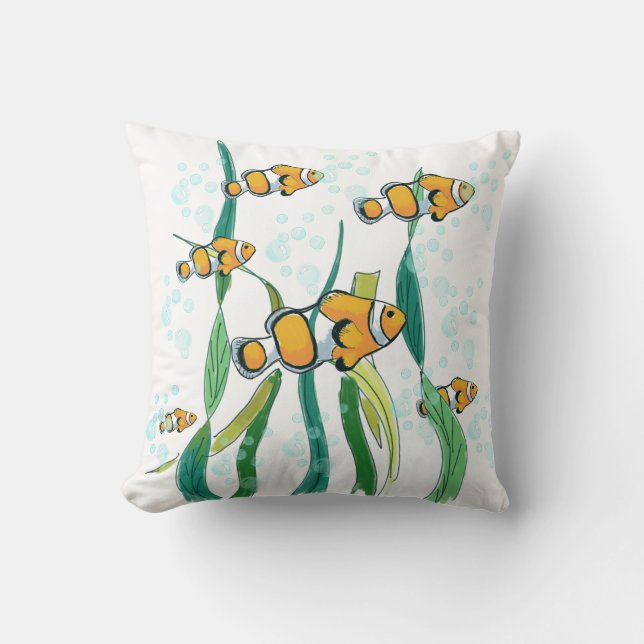 Clown Fish School in Bubbles colour Drawing Cushion (Front)