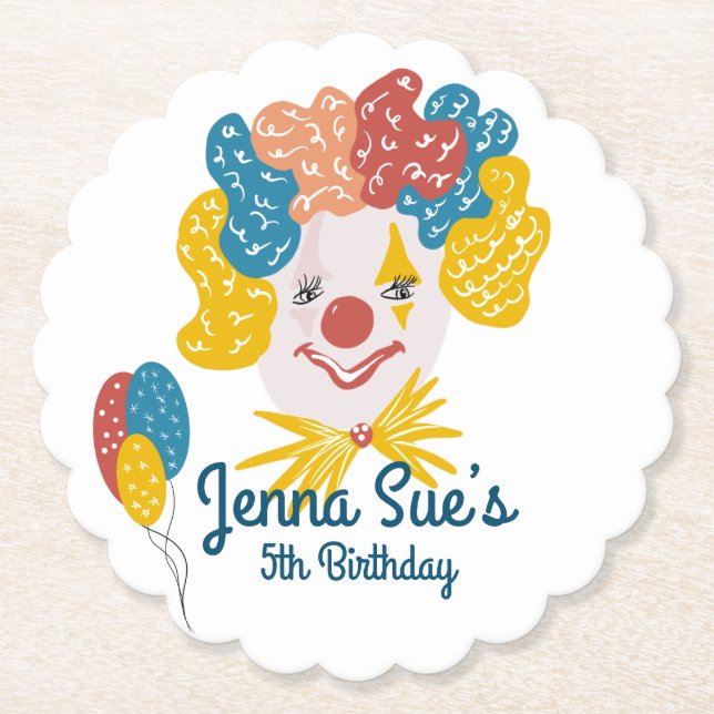 Clown Hand Drawn Carnival Birthday Colourful     Paper Coaster (Front)