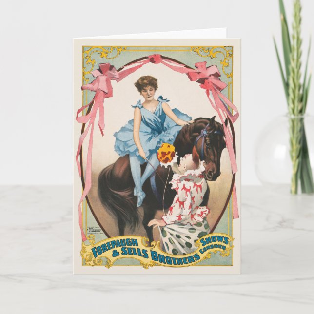 Clown Handing Flowers To A Woman On Horseback Card (Front)