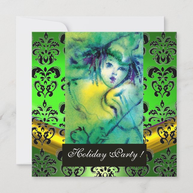CLOWN IN GREEN, BLACK DAMASK MONOGRAM ,Emerald gem Invitation (Front)
