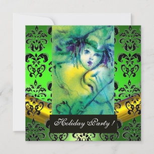 CLOWN IN GREEN, BLACK DAMASK MONOGRAM ,Emerald gem Invitation