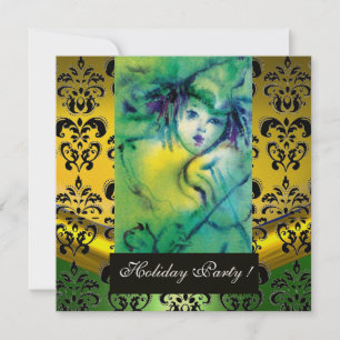 CLOWN IN GREEN,YELLOW, BLACK DAMASK MONOGRAM Gem Invitation