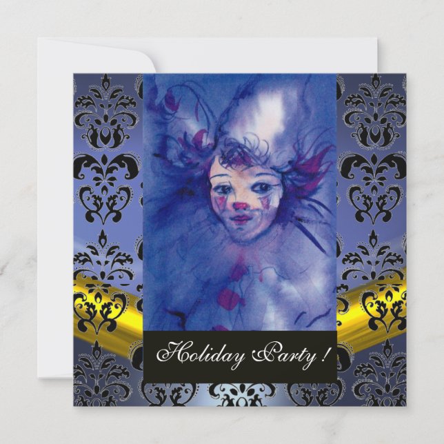 CLOWN IN PURPLE, BLACK DAMASK MONOGRAM blue topaz Invitation (Front)