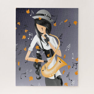 Clown Saxophonist Golden Leaves Jigsaw Puzzle