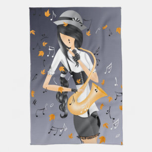 Clown Saxophonist Golden Leaves  Tea Towel