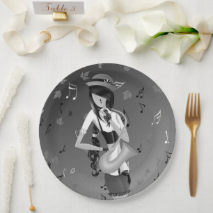 Clown Saxophonist Grey Monochrome Paper Plate
