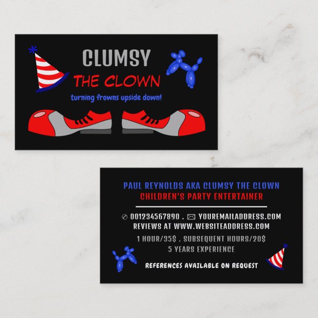 Clown Shoes, Kids Entertainer, Clown Business Card (Front/Back)