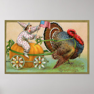 Clown Turkey Ride Vintage Art Poster