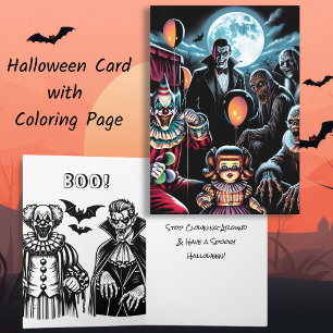 Clown, Vampire and Zombie Halloween Colouring Page Card