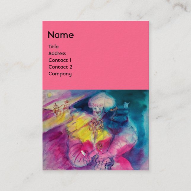 CLOWN WITH OWL AND VIOLIN ,yellow, pink blue Business Card (Front)