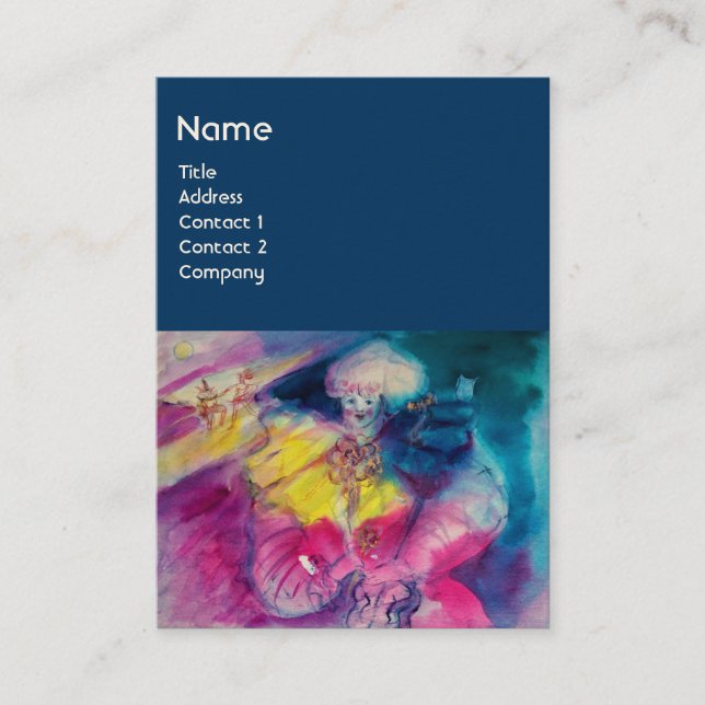 CLOWN WITH OWL AND VIOLIN ,yellow, pink blue Business Card (Front)