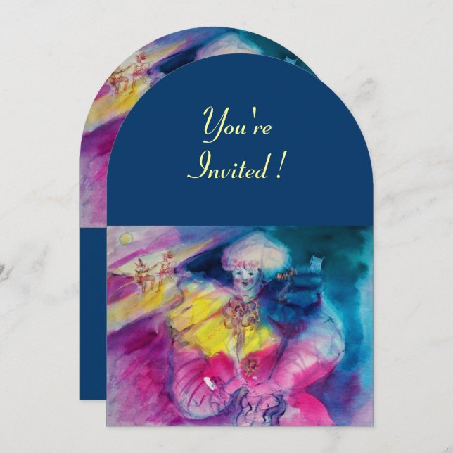 CLOWN WITH OWL AND VIOLIN ,yellow, pink blue Invitation (Front/Back)