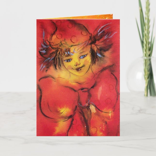 CLOWN WITH RED RIBBON IN GOLD SPARKLES HOLIDAY CARD (Front)