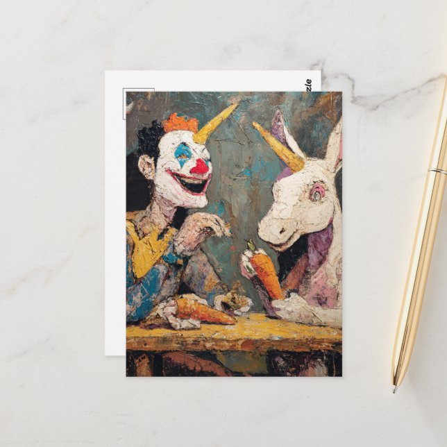 Clown with unicorn  postcard (Front/Back In Situ)