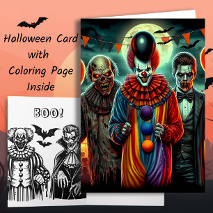 Clown, Zombie and Vampire Halloween Colouring Page Card