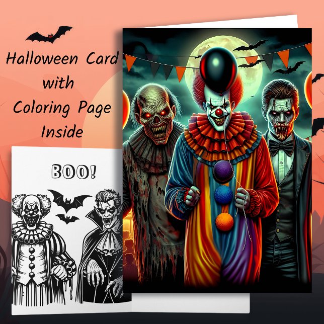 Clown, Zombie and Vampire Halloween Colouring Page Card (Creator Uploaded)