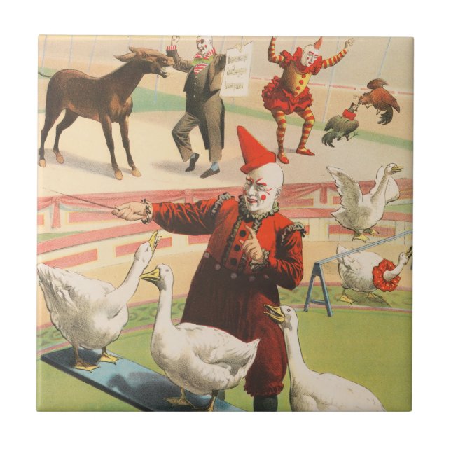 Clowns With Performing Geese, Roosters, & Donkey. Ceramic Tile (Front)