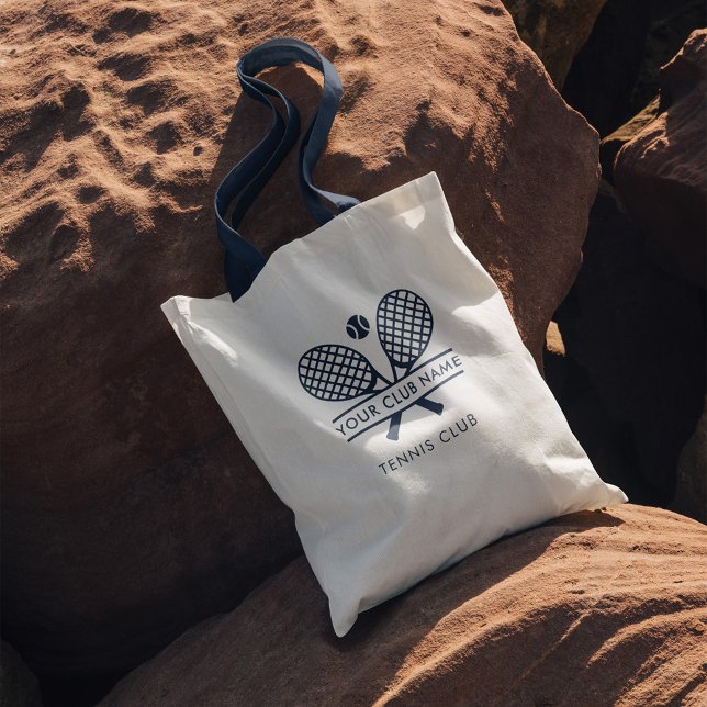 Club Name Lawn Tennis Team Navy Blue Swag Tote Bag (Navy Blue Handles Tennis Club Custom Tote Bag)
