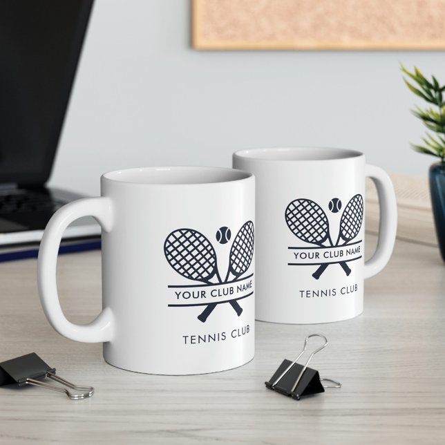Club Name Tennis Team Navy Blue Logo Custom Coffee Mug (Tennis Team Modern Navy Blue Icons White 11oz Coffee Mug)