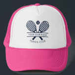 Club Name Tennis Team Navy Blue Sports Trucker Hat<br><div class="desc">Easily customise this hat by adding your club or society name by clicking the "Personalise" button. You can change the background, fonts, and patch colour by clicking the "Edit with Design tool". Perfect for any club, business, or school society. Order as many or as fewer as required. There's no setup...</div>